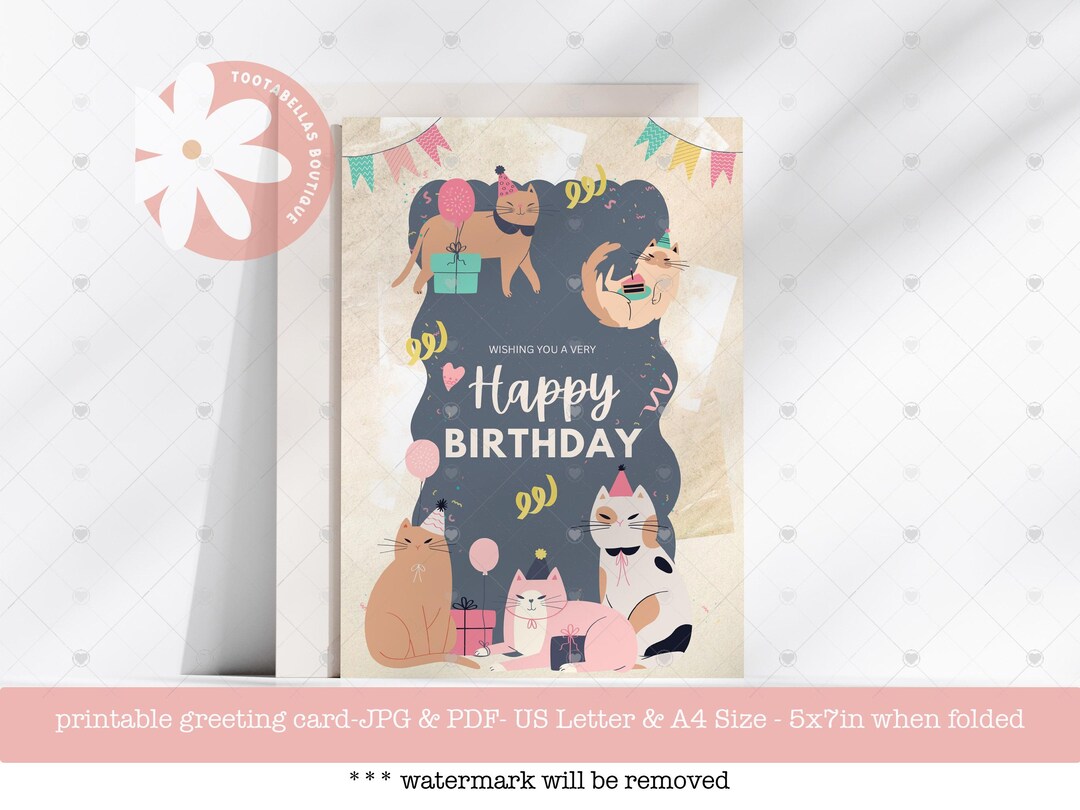 Printable Birthday Card for Cat Lovers, Cute Happy Birthday Cat Card ...