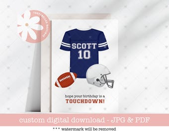 May include: A digital illustration featuring a navy blue football jersey with the name "SCOTT" and the number "10". A brown football and a white helmet are also shown. The text "hope your birthday is a TOUCHDOWN!" is included.