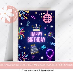 Carte de voeux d'anniversaire néon imprimable - Carte de fête pour adolescents avec cyber néons rétro des années 80, célébration festive amusante, ambiance disco spatiale