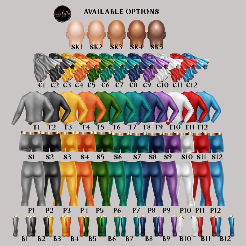 Pu&ograve; includere: Un grafico che mostra le opzioni disponibili per personalizzare un costume da supereroe. Il grafico include diverse opzioni per la testa, il busto, le gambe e gli stivali in una variet&agrave; di colori. Le opzioni sono etichettate con numeri e lettere.
