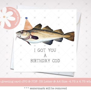 Download instantâneo, cartão para impressão - cartão de aniversário de bacalhau, cartão de piada engraçada de pesca, presente de download instantâneo para ele, pai ou entusiastas da pesca
