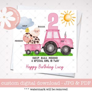Carte à imprimer, carte d'anniversaire personnalisée animaux de la ferme, deuxième carte d'anniversaire pour fille, carte rose tracteur, cadeau pour petite-fille, ferme