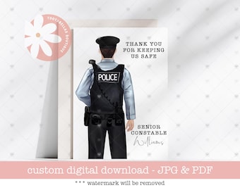 May include: A printable thank you card featuring a digital illustration of a police officer in uniform. The card says "Thank you for keeping us safe" and "Senior Constable Williams".