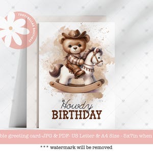Howdy Birthday Card - Cute Printable Cowboy Card for Kids, 5x7 Instant Download, Country & Western Theme, Bear Riding Horse Design