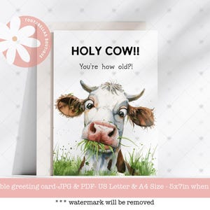 Cartão de aniversário engraçado, "Cara, você tem quantos anos?" para imprimir, download instantâneo de 5x7, cartão de trocadilho com "Amante de vacas", humor de animais mugindo, cartão de envelhecimento