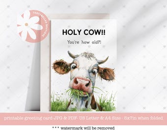 Funny Cow Birthday Card: Holy Cow Pun, 5x7 Printable (Digital Download)