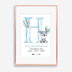 Impresión de detalles del nacimiento de un koala: arte personalizado para bebés recién nacidos, regalo de bautizo, lindo póster de koala bebé para niños, descarga digital