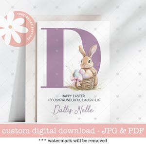 Carte de Pâques en téléchargement numérique, nom personnalisé, initiale et relation, carte de Pâques unique, idée cadeau pour les petites filles, carte de Pâques lapin mignon