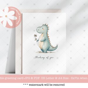 Carte 5 x 7 imprimable carte de sympathie Dino mignon - pense à vous carte de voeux de condoléances numérique, carte d'enregistrement, téléchargement immédiat
