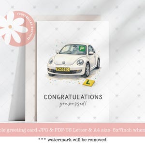 May include: A white greeting card with a watercolor illustration of a white car with a green "P" and a yellow "PASSED" license plate. The card reads "CONGRATULATIONS you passed!" and includes a yellow "L" sign.