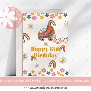 Biglietto di auguri per il 13° compleanno di una figlia, download immediato, biglietto di auguri per adolescenti in stile retrò, boho e groovy, ufficialmente un'adolescente che festeggia il suo 13° compleanno.