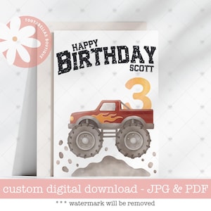 Biglietto di auguri di compleanno Monster Truck personalizzato stampabile - PDF digitale personalizzato per bambini, figli, nipoti o pronipoti, biglietto di auguri per qualsiasi età