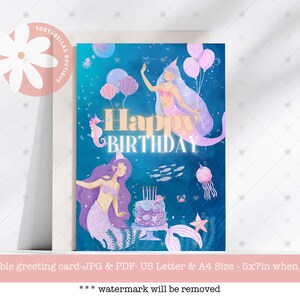 5x7 Printable Mermaid Birthday Card - Cute Mer-Mazing Ocean Theme Under the Sea Greeting Card for Kids, Girls Birthday Card