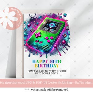 10 Geburtstag Karte | Videospiel Level Up Karte | Double Digits Gamer Karte | Lustige Geburtstagskarte für Kinder zum selber ausdrucken