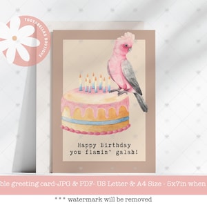 Peut inclure: Carte de vœux d'anniversaire avec une illustration à l'aquarelle. Un cacatoès rose est perché sur un gâteau avec des bougies allumées. La carte porte l'inscription "Happy Birthday you flamin' galah!" dans une police amusante.