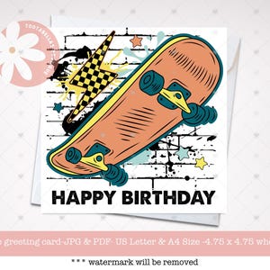 Cartão para impressão de download instantâneo | Cartão de felicitações de skate | Cartão de aniversário de skate para filho, | Perfeito para amantes de skate em qualquer idade