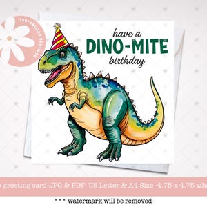 Cartão de aniversário infantil de dinossauro, download instantâneo para impressão de T. Rex, tenha um aniversário de dinossauro, cartão de aniversário para meninos, cartão para crianças