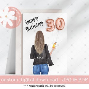 Carte imprimable - carte d'anniversaire personnalisée pour elle, joyeux 30e anniversaire, cadeau numérique pour meilleure amie, carte souvenir unique de 30e anniversaire