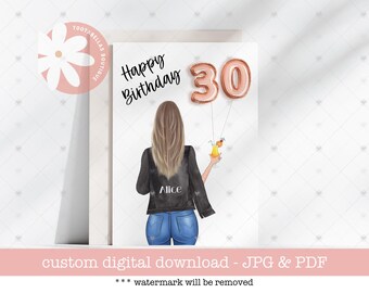 Puede incluir: Una tarjeta digital imprimible con una mujer con una chaqueta de cuero negra y jeans azules. La tarjeta dice "Feliz cumpleaños" y tiene dos globos rosas que dicen "30".