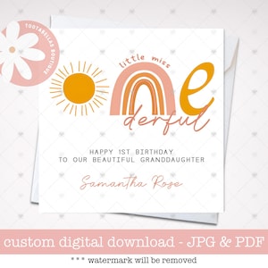 Biglietto stampabile, biglietto personalizzato per il 1° compleanno, biglietto di compleanno Little Miss ONE-derful, biglietto di compleanno Sole e Arcobaleno, 1° compleanno bambina