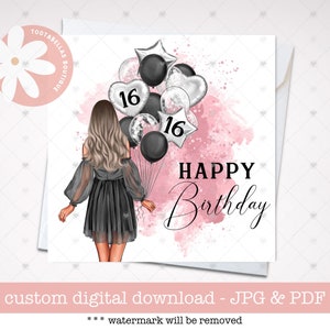 Druckbare Karte, 16.Geburtstagskarte für sie, personalisierte 16.Geburtstagskarte, 16.Geburtstagskarte, beste Freundin Karte, Geschenk für Schwester, Sweet 16