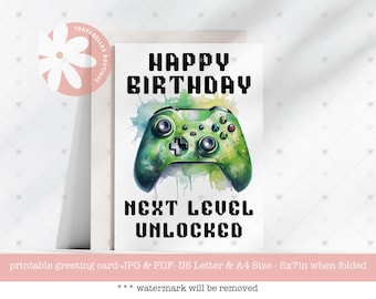 Printable Birthday Card, Gamer Birthday Card, Any Age Birthday Printable, Video Gamer Card, Leveled Up Card, Tween Card, Gift for Gamers