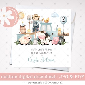 Tarjeta de cumpleaños imprimible, tarjeta de cumpleaños personalizada para el 1.º, 2.º, 3.º, 4.º y 5.º cumpleaños, temática de animales de granja con tractor azul, para niños con cualquier nombre, edad y parentesco