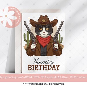 Howdy-verjaardagskaart - schattige cowboy kat afdrukbare, Wild West Party 5 x 7 direct downloaden, Country & Western thema verjaardagskaart voor kinderen