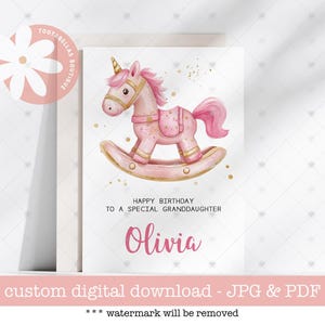Carte de licorne imprimable personnalisée joyeux anniversaire, téléchargement numérique, carte de voeux licorne magique pour les filles, carte fille petite-fille