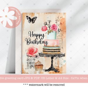 Alles Gute zum Geburtstagskarte - 13x18 druckbare Blumenkuchen & Schmetterling Design, Sofort Download für Mama, Einzigartige Geschenkidee zum Geburtstag, Einfache Karte