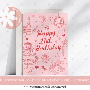 21 Geburtstagskarte Sofort Download, trendige handgezeichnete Doodle Mädchen rosa rot Cocktail Disco Ball Herz funkeln druckbare Karte für Sie