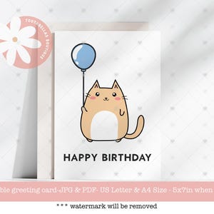 Happy Birthday Cat Lover Card, Printable 5x7 Instant Download, Funny Cat Greeting Card, Simple Cat Birthday Card, Feline Birthday Card