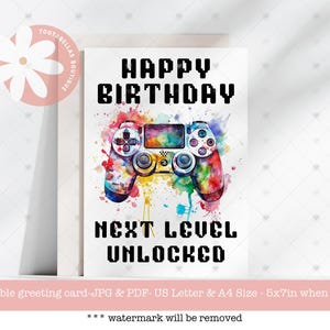 Carte d'anniversaire à imprimer, carte d'anniversaire de joueur, anniversaire de tout âge à imprimer, carte de joueur vidéo, carte de niveau supérieur, carte de pré-ado, cadeau pour les joueurs