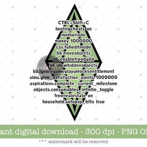 Op de afbeelding: Een groene ruitvormige afbeelding met een lijst met cheatcodes voor het videospel De Sims. De tekst luidt "CTRL+Shift+C testingcheats on motherlode money 1000000 cas.fulleditmode bb.moveobjects bb.enablefreebuild bb.showhiddenobjects bb.ignoregameplayunlocksentitlement sims.give_satisfaction_points 1000000 aspirations.complete_current_milestone objects.consumables_infinite_toggle freerealestate on household.autopay_bills true".