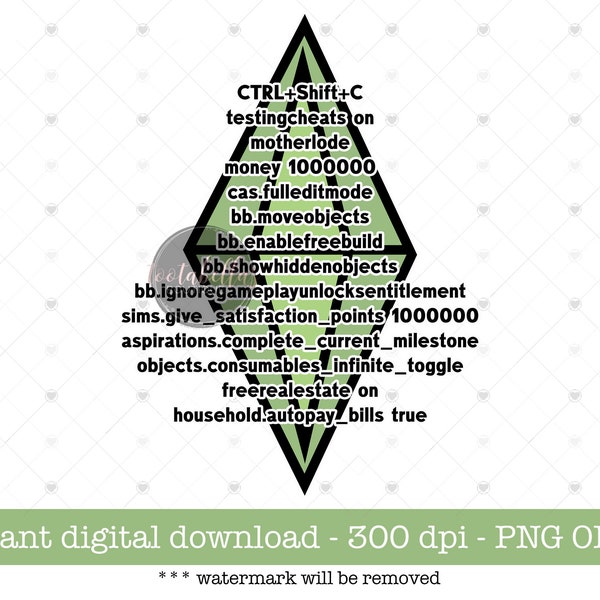 Commercial Use Digital Download, Sims 4 Cheats List, Gamer Sublimation, Printable File, Plumbob, Make Into Stickers, The Sims Cheat Guide