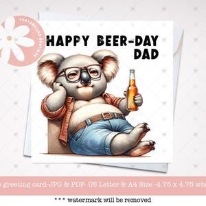 Cartão de aniversário para imprimir no Dia da Cerveja - Coala engraçado bebendo cerveja, download instantâneo, cartão de aniversário exclusivo para ele, cartão comemorativo para o pai