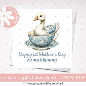 Cartão de Dia das Mães para Imprimir | Pato Bonito em Design de Xícara de Chá | Presente Único para a Mãe | Primeiro Presente de Dia das Mães de uma Criança | Design Caprichoso