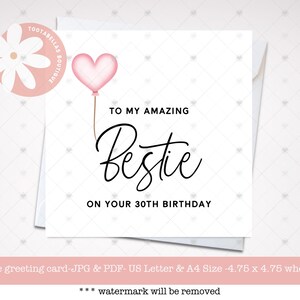 Afdrukbare 30e Bestie-verjaardagskaart, verjaardagskaart voor beste vriend, leuke kaart voor haar, Bestie-verjaardagsgroet, direct downloaden