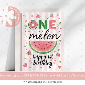 Download instantâneo: Cartão de aniversário de 1 ano com tema de melancia divertido – perfeito para o marco do seu bebê, cartão de melancia para meninas