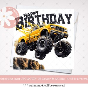 Cartão de aniversário Monster Truck para impressão instantânea para download para crianças, filho, sobrinho e neto - Cartão de felicitações digital em PDF