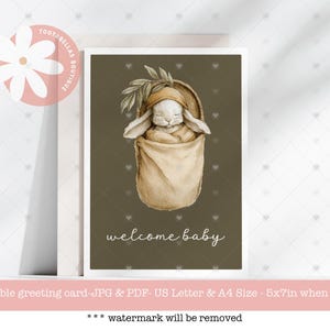 Welcome Baby Bunny Card: Gender Neutral Baby Shower (Digital Download 5x7 inch PDF/JPG)