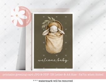 Welcome Baby Bunny Card: Gender Neutral Baby Shower (Digital Download 5x7 inch PDF/JPG)