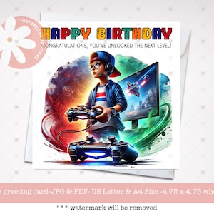 Tarjeta de cumpleaños imprimible, tarjeta de cumpleaños de gamer, tarjeta de cumpleaños de videojuego para él, tarjeta de cumpleaños de hijo, sobrino, primo, nieto, tarjeta de nivel superior, tarjeta para preadolescentes