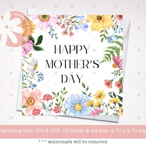 Afdrukbare Moederdagkaart Bloemdessin voor moeder, Happy Mothers Day-wenskaart met bloemen, afdrukbare kaart voor Moederdag, cadeau mama