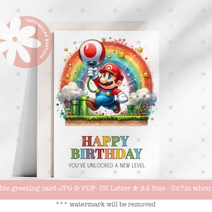 Carte d'anniversaire imprimable, 10e carte d'anniversaire, 10e anniversaire arc-en-ciel à imprimer, carte de jeu vidéo, carte de joueur à deux chiffres, carte de niveau supérieur