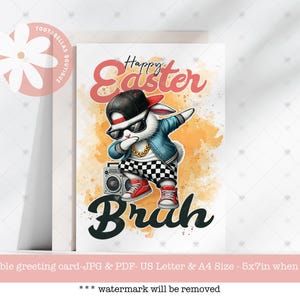 Druckbare Osterkarte - Frohe Ostern Bruh, lustiges Kaninchen mit Eiern, Hip Hop Häschen Karte, 13 x 18 cm Instant Download, Geschenke für Kinder, Cooles Häschen