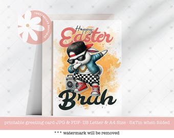 Printable Easter Card - Happy Easter Bruh Funny Rabbit with Eggs, Hip Hop Bunny Card, 5x7 Instant Download, Gifts for Kids, Cool Bunny Card