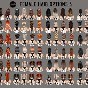 Pu&ograve; includere: Un grafico di 48 diversi stili di capelli femminili, numerati da 384 a 479. Gli stili di capelli sono mostrati da dietro, con la persona che indossa una canotta nera.
