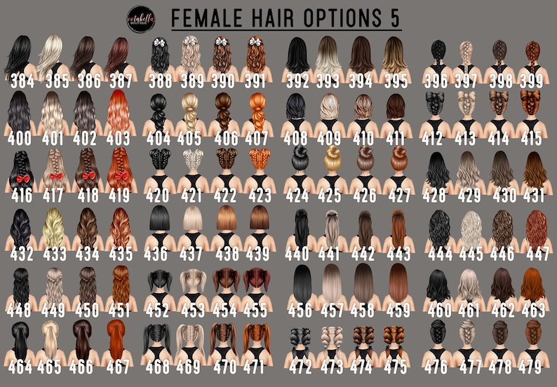 Pu&ograve; includere: Un grafico di 48 diversi stili di capelli femminili, numerati da 384 a 479. Gli stili di capelli sono mostrati da dietro, con la persona che indossa una canotta nera.