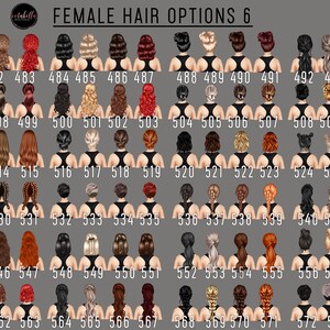 Pu&ograve; includere: Un grafico di 75 diversi stili di capelli femminili, numerati da 480 a 575. Gli stili di capelli sono mostrati su una persona che indossa una canotta nera.
